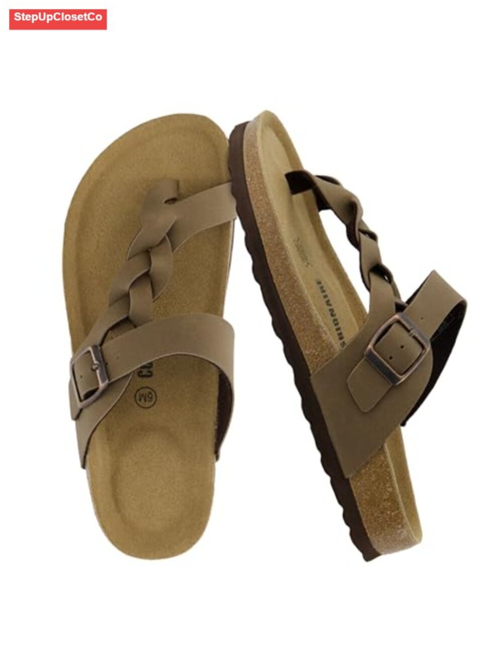 Cork Footbed Sandals with Arch Support, Slide On, Adjustable Buckle, Braided